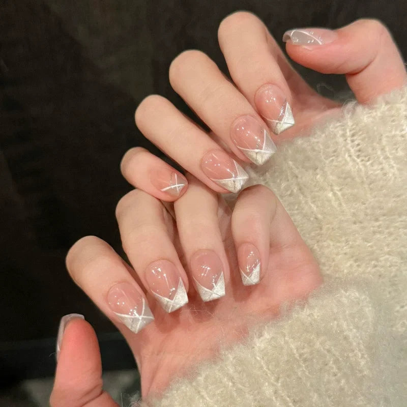 Cyflymder  10Pcs French Handmade Press on Nails Purple Cat Eye Fake Nails White Star Wearable Stick-on Nails Full Cover False Nail 네일팁 Uñas