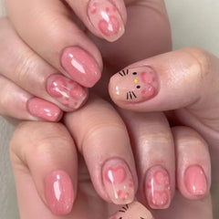 Cyflymder  Cute Pink Cat Paw Print Kitten Nail Art Shiny Nude Cat Eye Wearable Fake Nails Detachable Finished False Nails Press on Nails