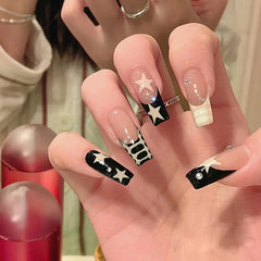 Cyflymder  24Pcs Long Square Head False Nails Press on Black Crocodile Grain French Fake Nails Star Rhinestone Reusable Full Cover Nail Tip