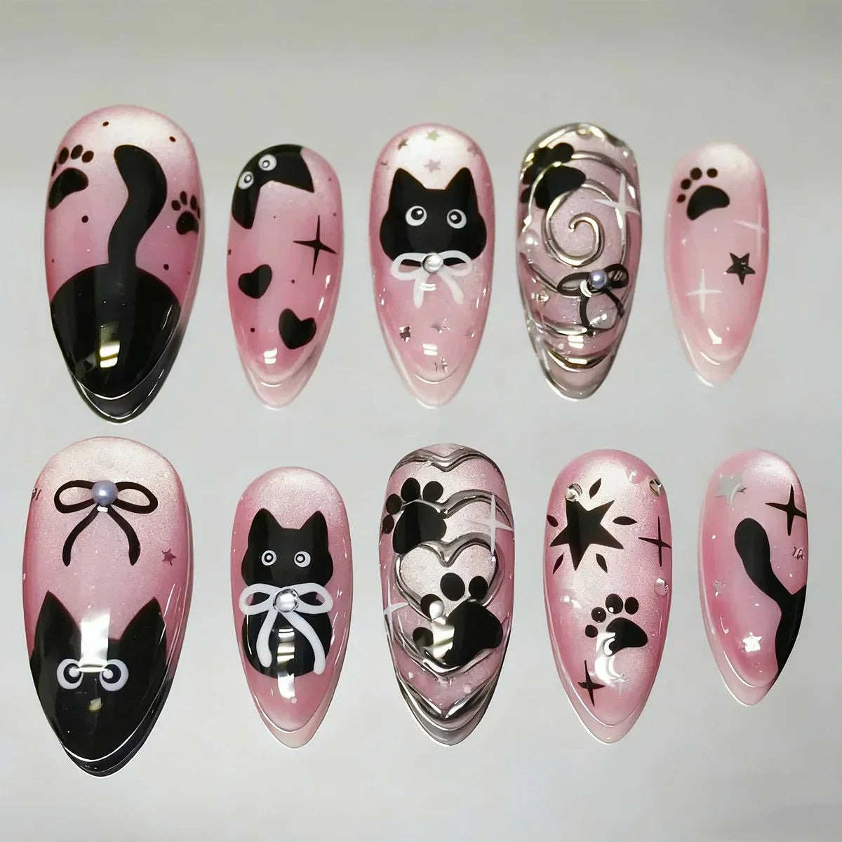 Cyflymder  24Pcs Mid-length Almond Fake Nails Cat's Eye Black Cat Bow Press on False Nails Heart Rhinestone Reusable Full Cover Nails Tips