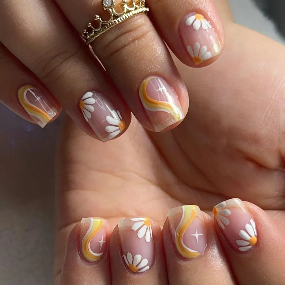 Cyflymder  24Pcs Simple Purple Yellow Flower with Design False Nails Short Square Head Press on Fake Nails Detachable Full Cover Nails Tips