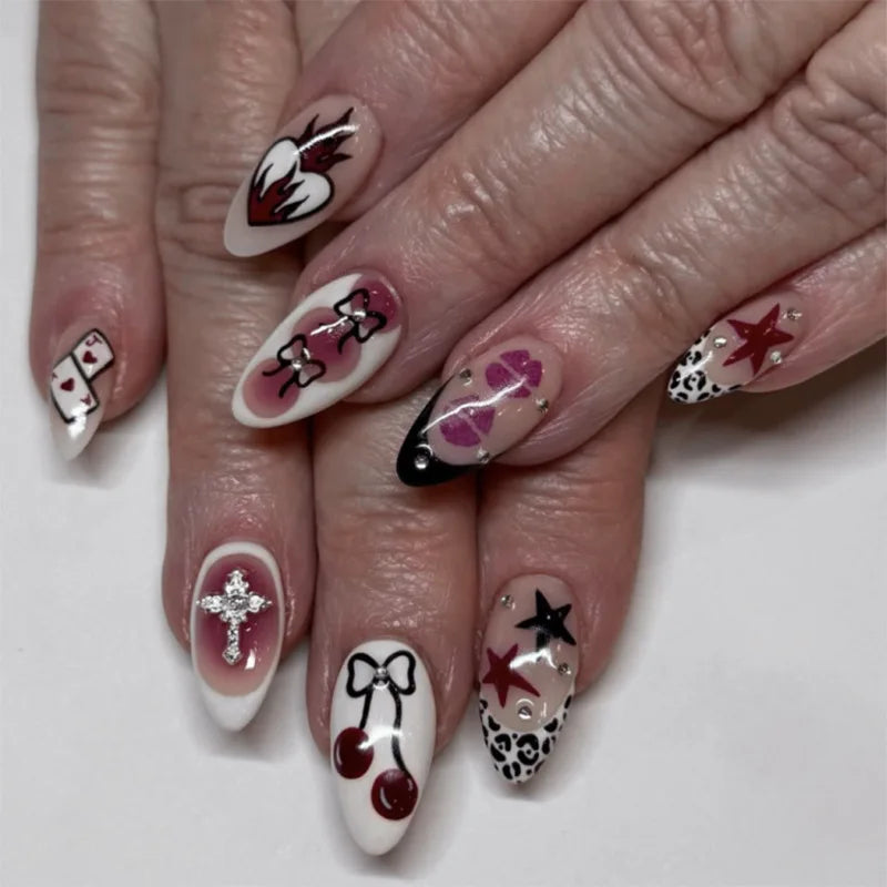 Cyflymder  Flame Heart Bowknot Cherry Stars Lips Nail Art Y2K Cool Sweet Style Fake Nails Detachable Finished False Nails Press on Nails