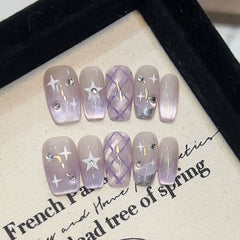 Cyflymder  10Pcs French Handmade Press on Nails Purple Cat Eye Fake Nails White Star Wearable Stick-on Nails Full Cover False Nail 네일팁 Uñas