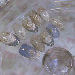 Cyflymder  24pcs Romantic Y2k Star Press On Nails Gradient Blue French Style Gold Moon Designs Fake Nail Sweet Almond False Nails For Women