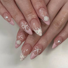 Cyflymder  Blue Ribbon Bowknot White Flora Lace Pearl French Nail Art Wearable False Nails Detachable Finished Fake Nails Press on Nails