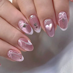 Cyflymder  24Pcs Mid-length French Almond Full Cover Nails Tips Pink Smudge Detachable False Nails Bow Heart Rhinestone Press on Fake Nails
