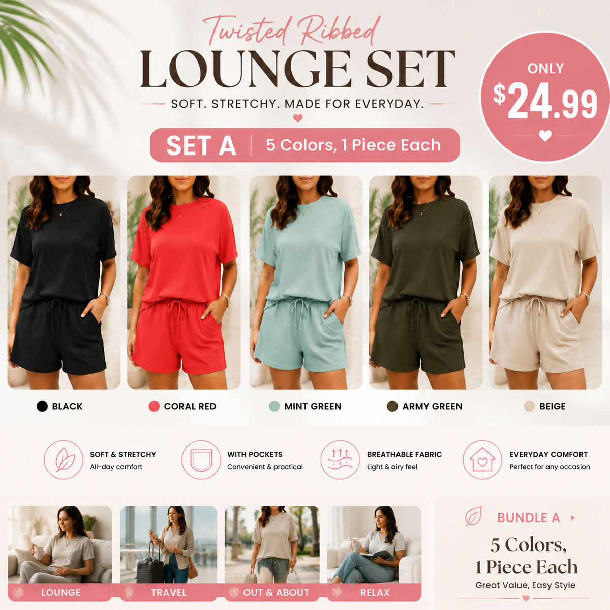 Twisted Ribbed Lounge Set – Soft Stretch Two Piece Outfit for Women