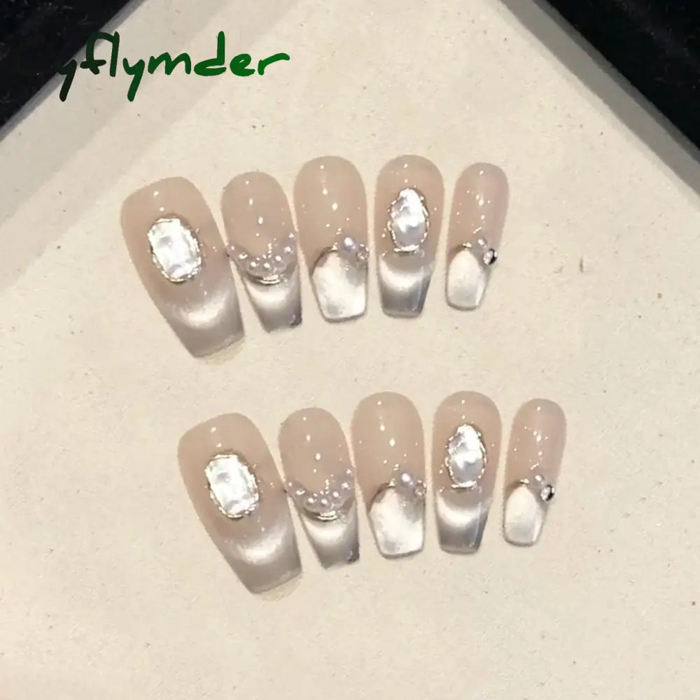 Cyflymder 10pcs Aurora Cat Eye Coffin Handmade Press on Nails Cherry Blossom False Nails Sweet French Tip Nail Art Wearable Manicure Nails