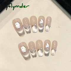 Cyflymder 10pcs Aurora Cat Eye Coffin Handmade Press on Nails Cherry Blossom False Nails Sweet French Tip Nail Art Wearable Manicure Nails