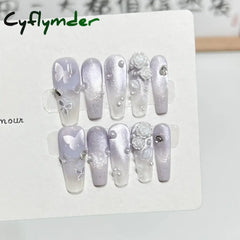 Cyflymder 10pcs Aurora Cat Eye Coffin Handmade Press on Nails Cherry Blossom False Nails Sweet French Tip Nail Art Wearable Manicure Nails