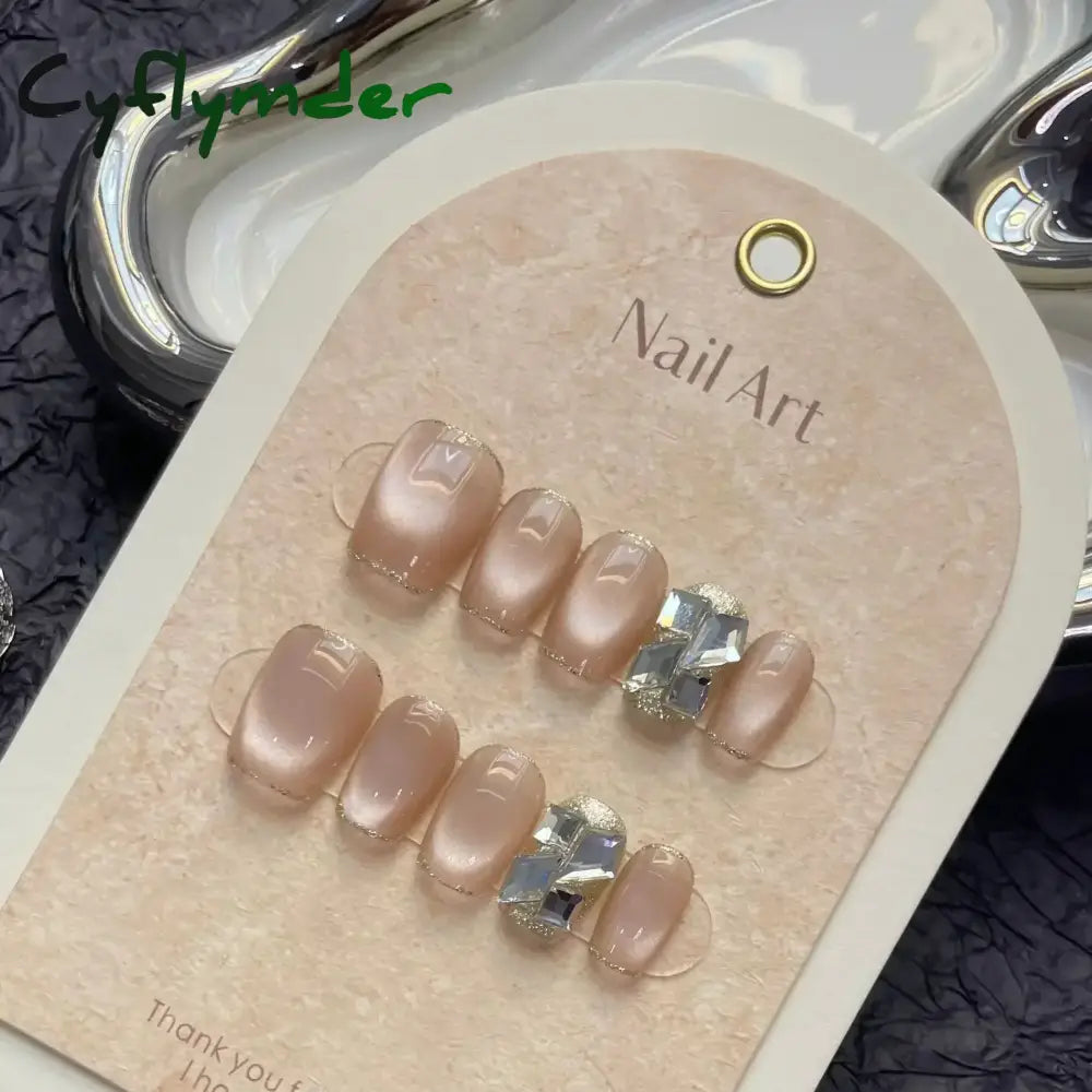Cyflymder 10Pcs Short Handmade Press On Nails French Cat Eye Design Nail Tips Full Cover False Nail for Women&Girls Autumn and Winter Nail