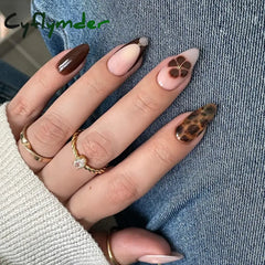 Cyflymder 24pcs Autumn Brown French Fake Nails Sweet Cool Wearing False Nails Wearable Full Cover Leopard Print Almond Press on Nails
