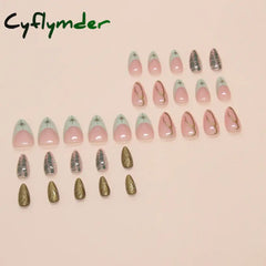 Cyflymder 24pcs Baroque Gold False Nails Green Crocodile pattern Fake Nails Tips Women Wearable Detchable French Almond Press on Nails