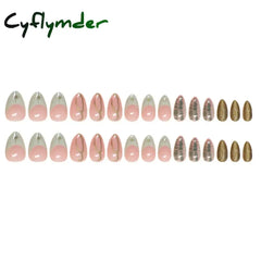 Cyflymder 24pcs Baroque Gold False Nails Green Crocodile pattern Fake Nails Tips Women Wearable Detchable French Almond Press on Nails