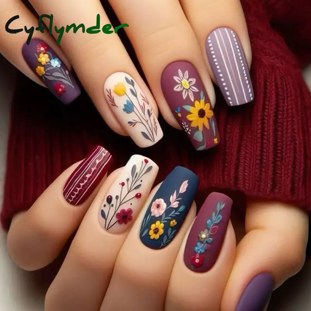 Cyflymder 24Pcs Mid-length Ballet False Nails Red Love Pattern Design Press on Nails Simple Wearable Finished Coffin Fake Nail Tips