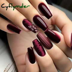 Cyflymder 24Pcs Mid-length Ballet False Nails Red Love Pattern Design Press on Nails Simple Wearable Finished Coffin Fake Nail Tips