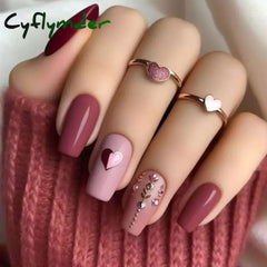 Cyflymder 24Pcs Mid-length Ballet False Nails Red Love Pattern Design Press on Nails Simple Wearable Finished Coffin Fake Nail Tips