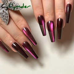 Cyflymder Cat Eye Long Ballet Fake Nail Glitter Powder Raspberry Purple Blue Wearable Full Cover Finished False Art Nail Tip Press on Nail