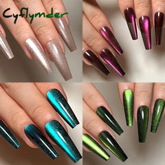 Cyflymder Cat Eye Long Ballet Fake Nail Glitter Powder Raspberry Purple Blue Wearable Full Cover Finished False Art Nail Tip Press on Nail