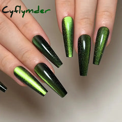 Cyflymder Cat Eye Long Ballet Fake Nail Glitter Powder Raspberry Purple Blue Wearable Full Cover Finished False Art Nail Tip Press on Nail
