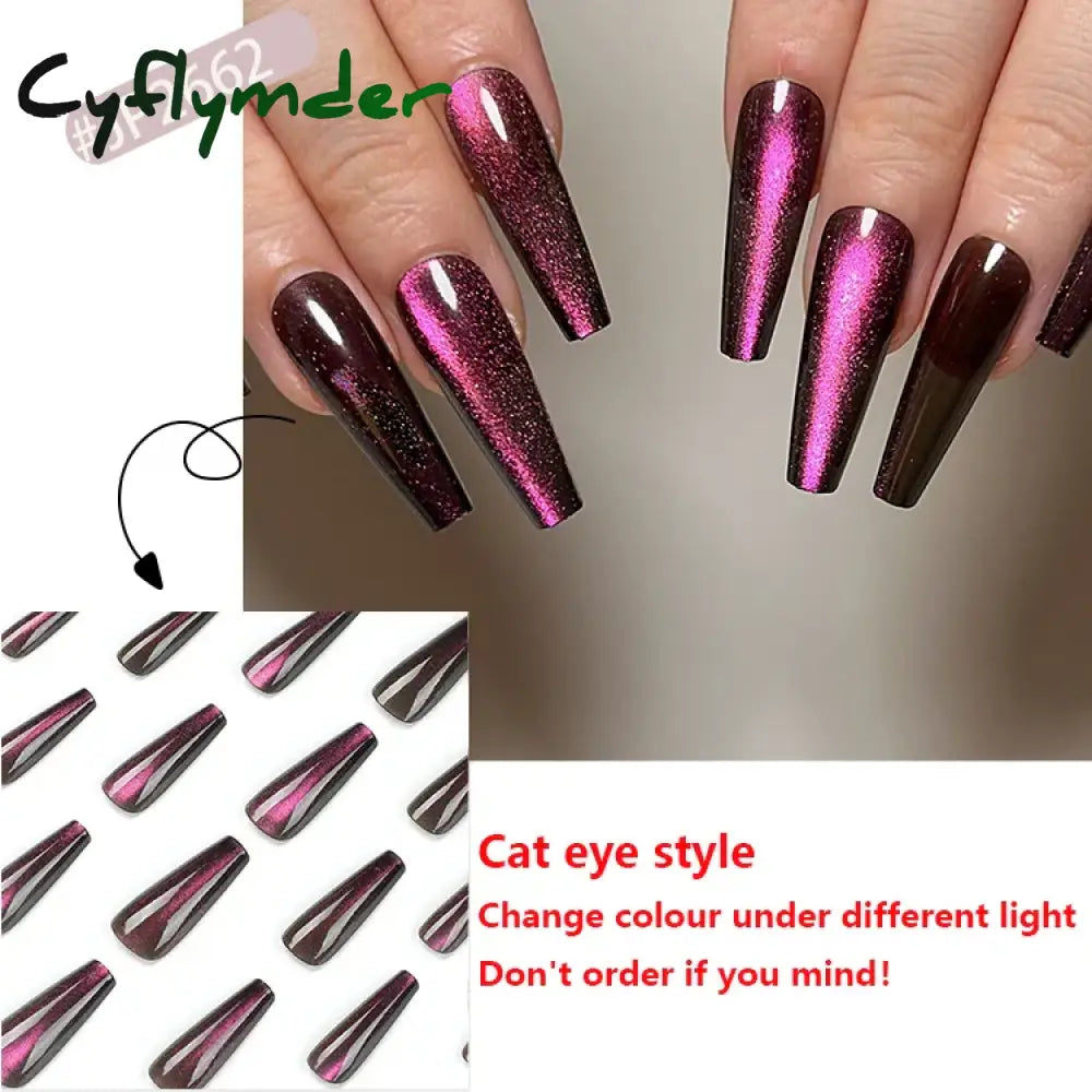 Cyflymder Cat Eye Long Ballet Fake Nail Glitter Powder Raspberry Purple Blue Wearable Full Cover Finished False Art Nail Tip Press on Nail