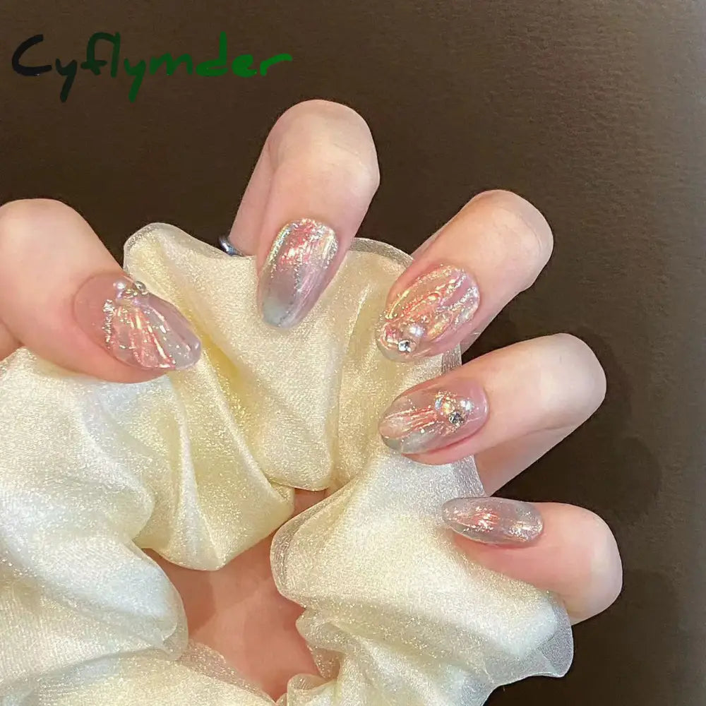 Cyflymder Handmade Press on Nails Blue Aurora Mermaid Fake Nail Patches Wearable Detachable French Pearl Almond False Nail Tips 10pcs