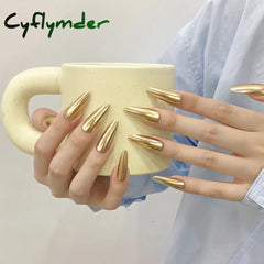 Cyflymder Handmade Press on Nails Champagne Gold Glossy Mirror Fake Nails for Women Girl Wearable Resuable Metal Color Almond False Nails