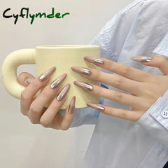 Cyflymder Handmade Press on Nails Champagne Gold Glossy Mirror Fake Nails for Women Girl Wearable Resuable Metal Color Almond False Nails
