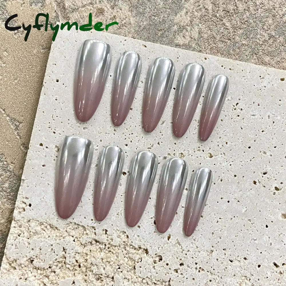 Cyflymder Handmade Press on Nails Champagne Gold Glossy Mirror Fake Nails for Women Girl Wearable Resuable Metal Color Almond False Nails