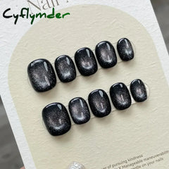 Cyflymder Handmade Y2k Press on Nails Short Korean Cat Eye Reusable Adhesive False Nails with Charm Artifical Nail Tips Stick on Nail Art